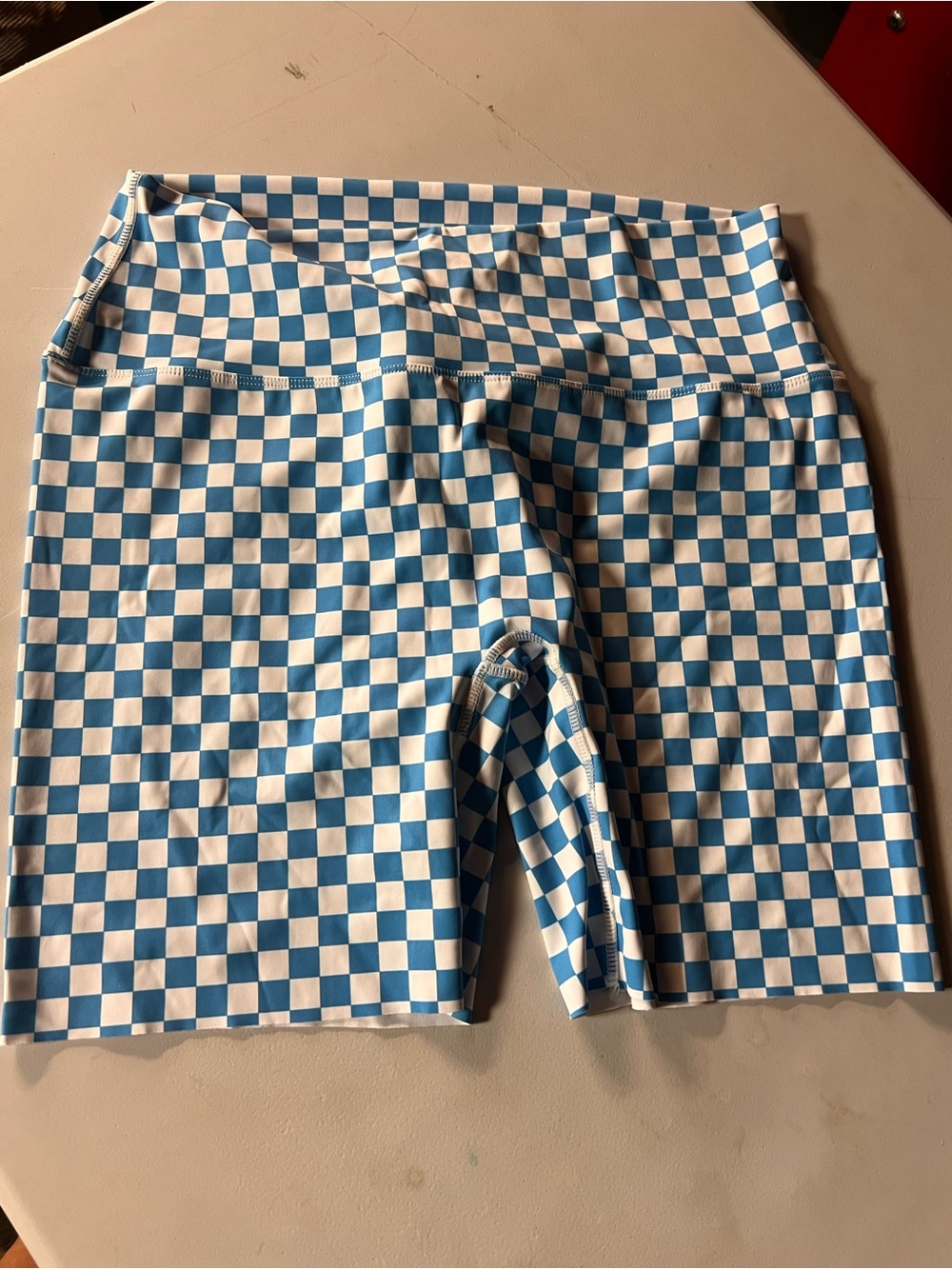 Women’s Blue and White Checkered Bike Shorts - High Waist Comfort